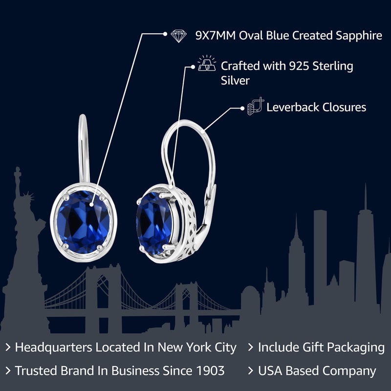 Gem Stone King 4.60 Cttw Blue Created Sapphire Dangle Earrings For Women | 925 Sterling Silver | Oval 9X7MM | Fine Jewelry Gifts for Her Mom Women Wife - Image 2